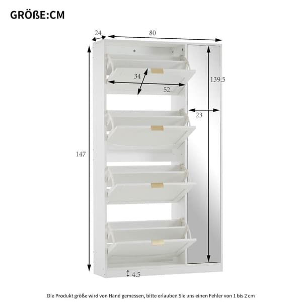 SCHUHSCHRANK WEISS MIT SPIEGEL 4 KLAPPFÄCHER/VERSTELLBARES REGAL B80/H147/T24