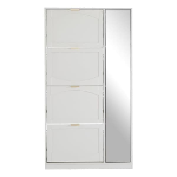 SCHUHSCHRANK WEISS MIT SPIEGEL 4 KLAPPFÄCHER/VERSTELLBARES REGAL B80/H147/T24