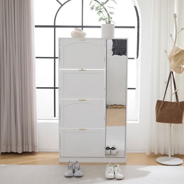 SCHUHSCHRANK WEISS MIT SPIEGEL 4 KLAPPFÄCHER/VERSTELLBARES REGAL B80/H147/T24