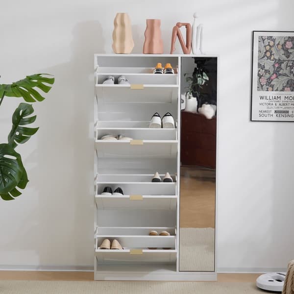 SCHUHSCHRANK WEISS MIT SPIEGEL 4 KLAPPFÄCHER/VERSTELLBARES REGAL B80/H147/T24
