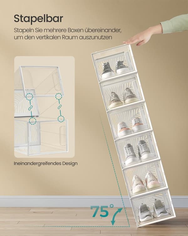 Rootz 12-paks skoboksorganisator - Gennemsigtig hvid - Foldbar og stabelbar - PET Body - HIPS Ramme - 35 cm x 25,5 cm x 19 cm