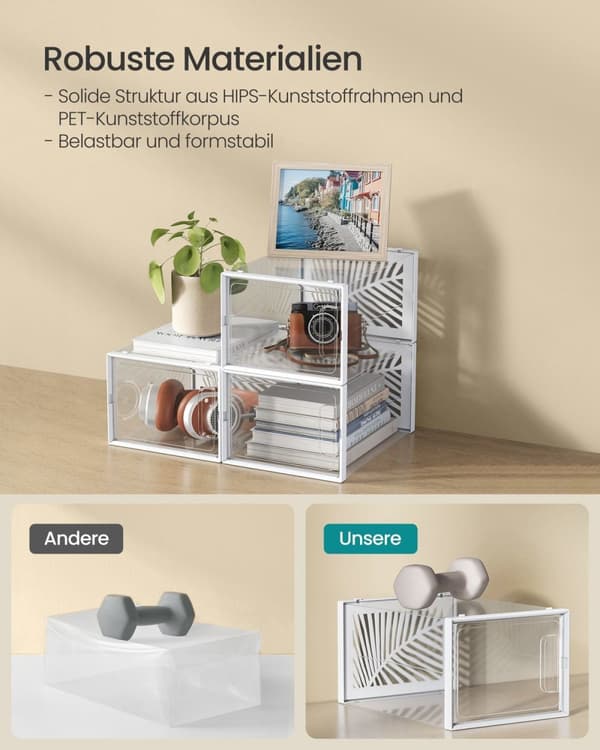 Rootz 12-paks skoboksorganisator - Gennemsigtig hvid - Foldbar og stabelbar - PET Body - HIPS Ramme - 35 cm x 25,5 cm x 19 cm