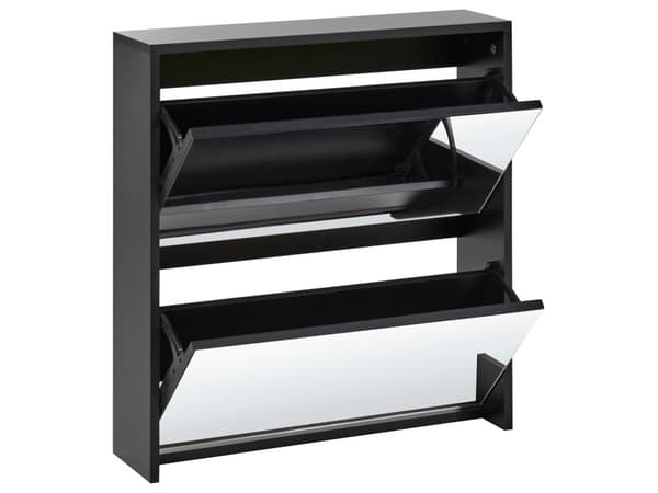 Skoskab i sort MDF-panelglas 63 x 67 x 17 med spejl og 2 rum til entreen i moderne stil