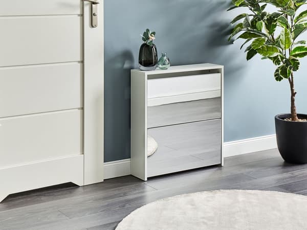 Skoskab i hvid MDF-panelglas 63 x 67 x 17 med spejl og 2 rum til entreen i moderne stil