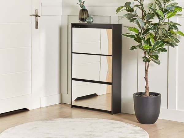 Skoskab sort MDF panel glas 63 x 103 x 17 spejl 3 rum gang moderne stil