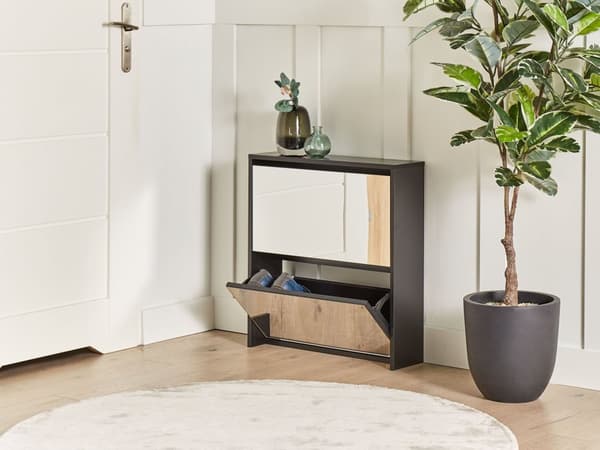 Skoskåp Svart MDF Ram Spegelfronter 2 Fack Modern Design Hall