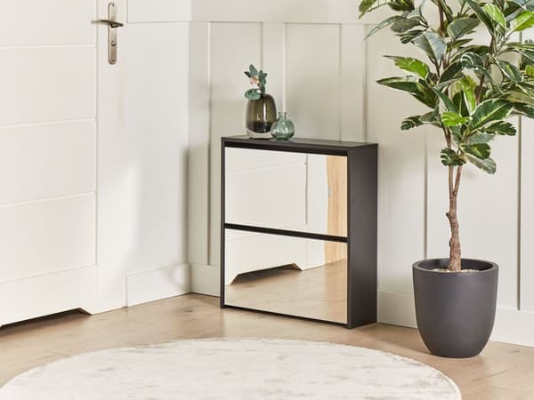 Skoskåp Svart MDF Ram Spegelfronter 2 Fack Modern Design Hall