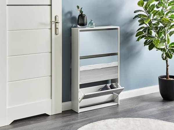 Skoskåp Vit MDF Ram Spegelfronter 3 Fack Modern Design Hall