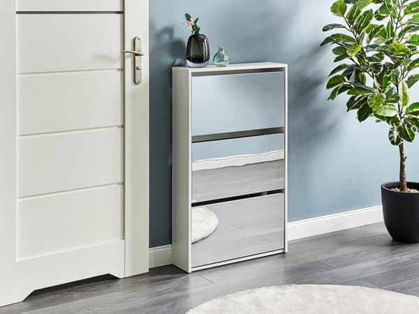 Skoskåp Vit MDF Ram Spegelfronter 3 Fack Modern Design Hall