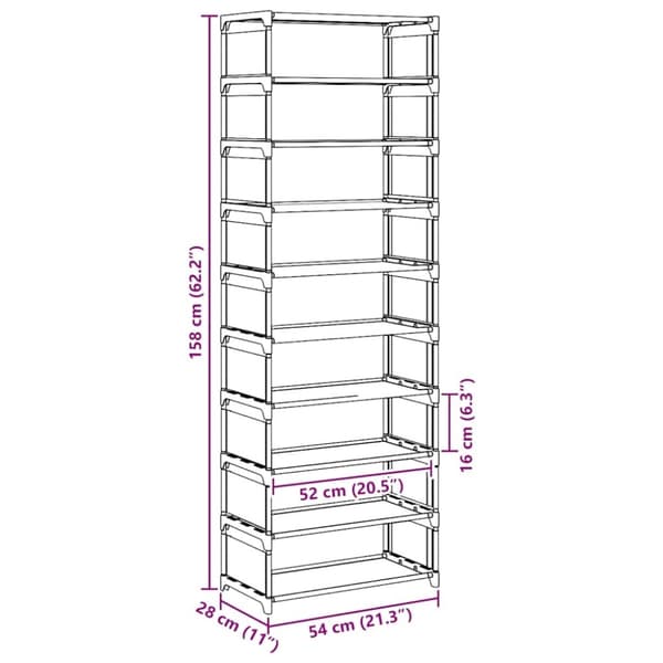 vidaXL Skostativ 10-lags grå 54x28x158 cm ikke-vevd stoff