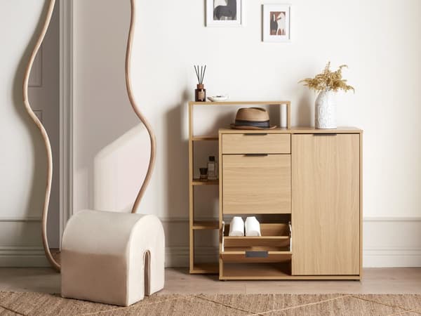 Skoopbevaringsskab Lyst træ 3 rum Skuffe Åbne hylder Opbevaringsrum Moderne Design Gang