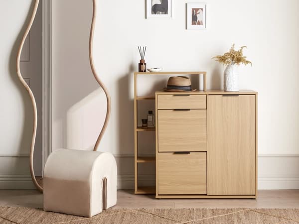 Skoopbevaringsskab Lyst træ 3 rum Skuffe Åbne hylder Opbevaringsrum Moderne Design Gang