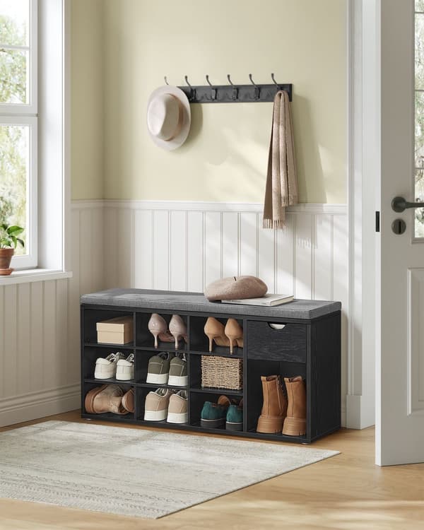 Shoe Bank - med skuffe - 30 × 104 × 48 cm - Ebbenzwart & Leigrijs