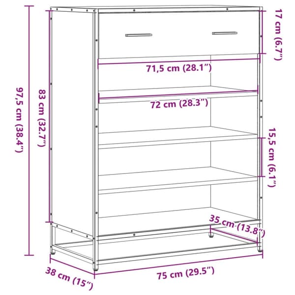 vidaXL skoskab 75x38x97,5 cm konstrueret træ og metal brun egetræ