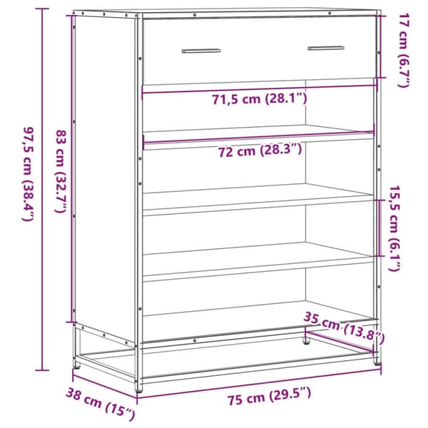 vidaXL Skoskap sonoma eik 75x38x97,5 cm konstruert tre og metall