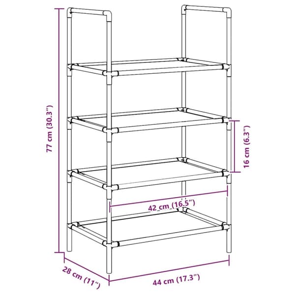 vidaXL Skostativ 4-lags svart 44x28x77 cm ikke-vevd stoff