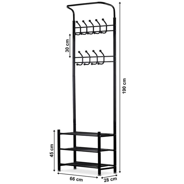 Familievenlig Sort Metal Garderobestativ med Skostativ, 18 Kroge & 3 Hylder