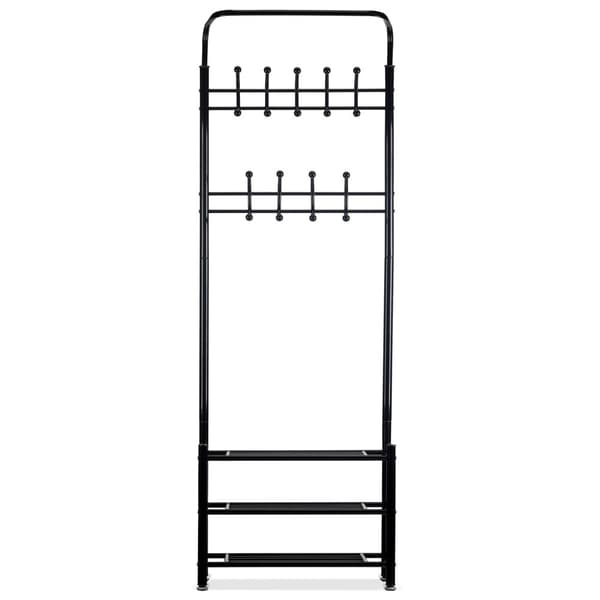 Familievenlig Sort Metal Garderobestativ med Skostativ, 18 Kroge & 3 Hylder
