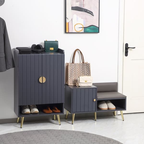 Rootz -kenkäkaapin penkki - sisäänkäynnin säilytysyksikkö - Art Deco -tyyli - Comfort Padding - 80 x 33 x 49 cm - Harmaa ja kultainen muotoilu