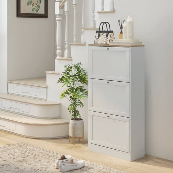 Rootz Scandinavian Shoe Cabinet - Entryway Storage - White, Brown- Holder 18 par - Rumbesparende arrangør - 60 x 23,5 x 115 cm