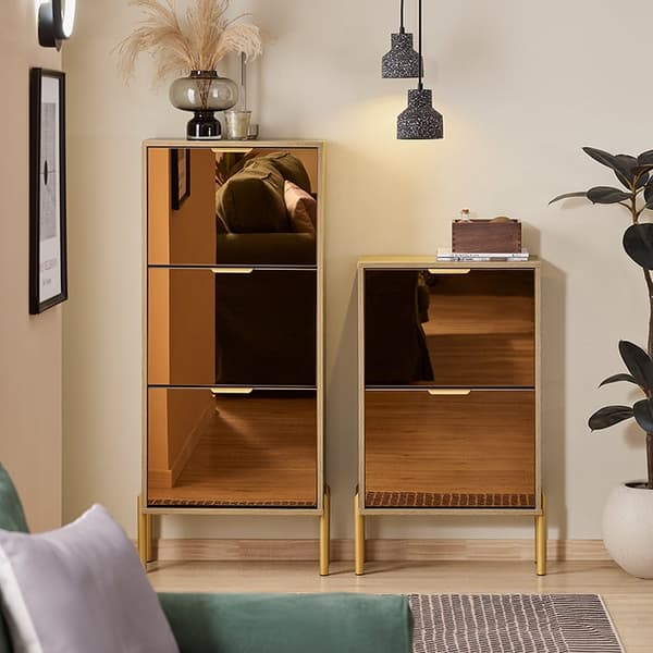 Rootz Shoe Storage -kaappi - kenkäjärjestäjä - kenkäteline - kultaiset lasiovet, metallijalat, vakaa muotoilu - 55x124x24cm