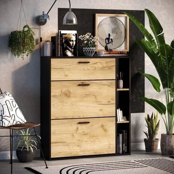 Skohorn LEONA 2 Dörrar - Melamin ek med rustik finish och svart kant - 8 till 10 par - L90 x P25 x H102 cm