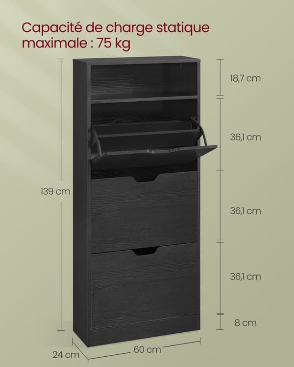 Skoskåp, VASAGLE, 24x60x139 cm, Ebony Svart
