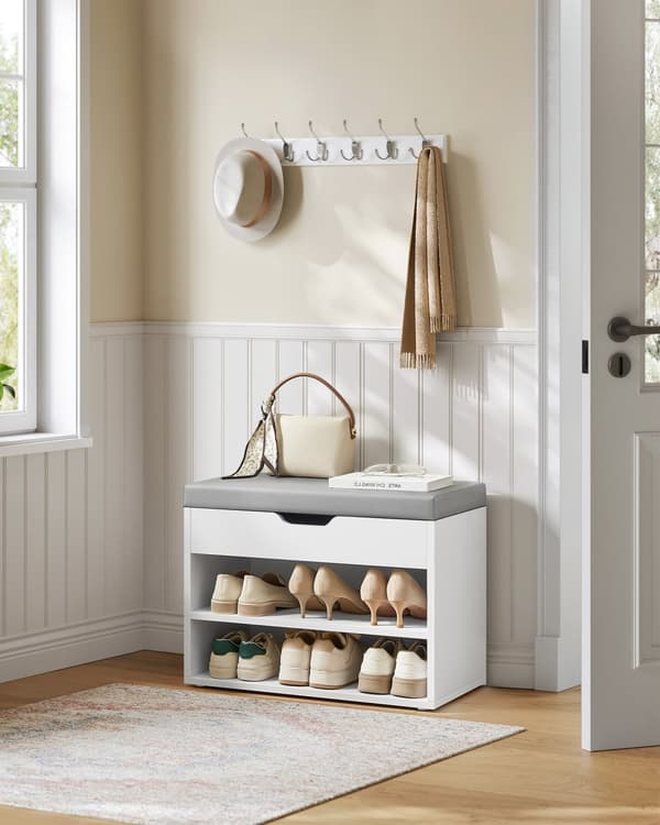 Skobænk, siddebænk, naturlig beige, 30 x 60 x 44 cm, skyhvid.