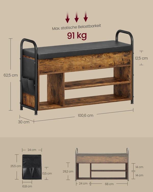 Skobänk, VASAGLE LSB052K01, 100.6x30 cm, Brun-Svart