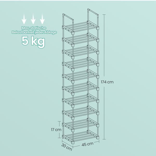 Sko rack - 10 niveauer, åbent skoskab, smal og høj