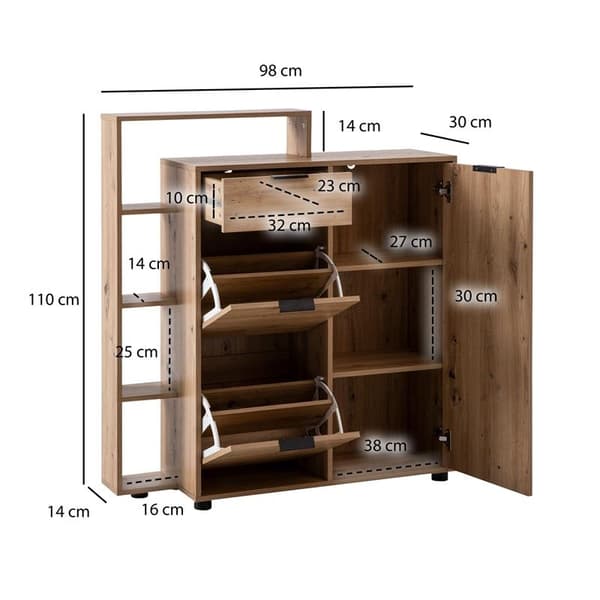 Rootz Large Shoe Cabinet - Moderne design - Skoopbevaring - 3 døre og skuffe - 5 rum - 98 cm x 110 cm x 30 cm