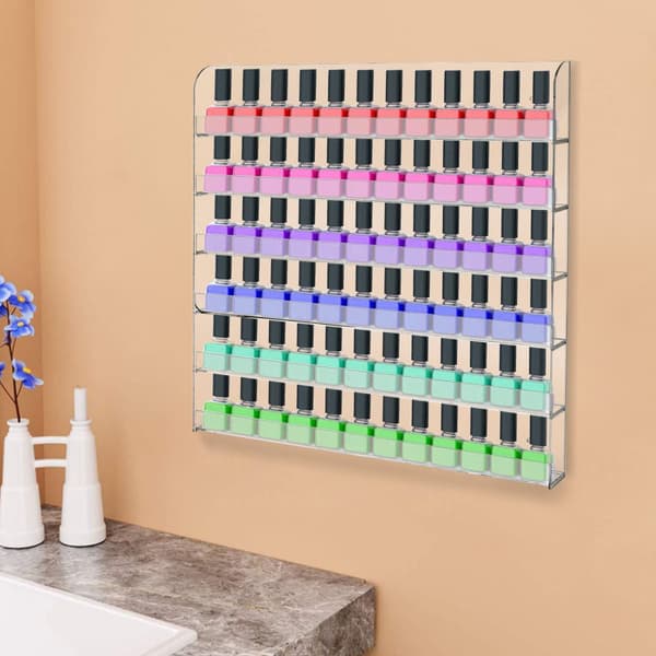 Nagellackdisplayställ, väggmonterad design, 6-hylla kapacitet, platsbesparande akrylställ.