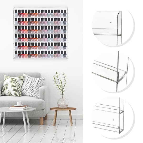 Nagellackdisplayställ, väggmonterad design, 6-hylla kapacitet, platsbesparande akrylställ.