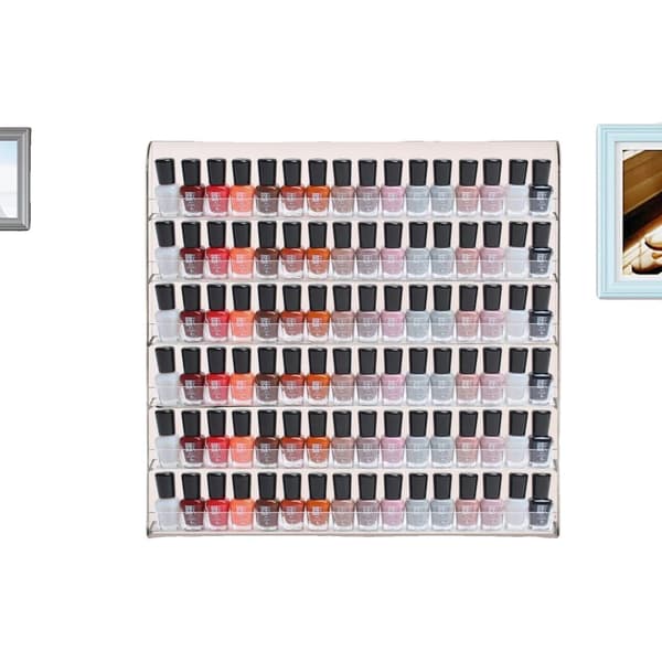 Nagellackdisplayställ, väggmonterad design, 6-hylla kapacitet, platsbesparande akrylställ.