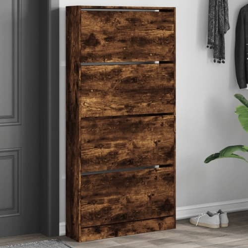 Skoskåp med 4 flip-lådor rökfärgad ek 80x21x163,5 cm