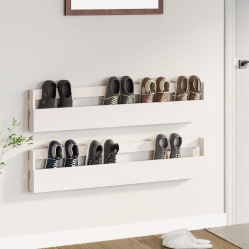 Väggmonterade skoställ 2 st vit 110x9x23 cm massivt furu