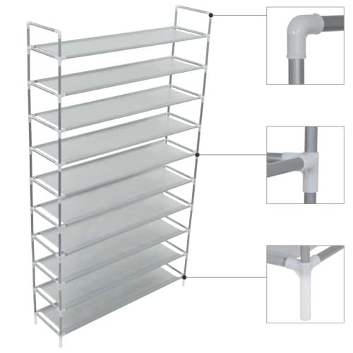 Skohylla med 10 hyllor metall och non-woven tyg silver