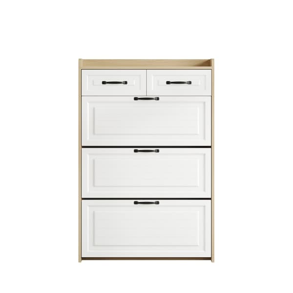 Kenkäkaappi 80x23,5x125 cm - kolmella suurella läpällä - 2 laatikolla - valkoinen + luonnollinen