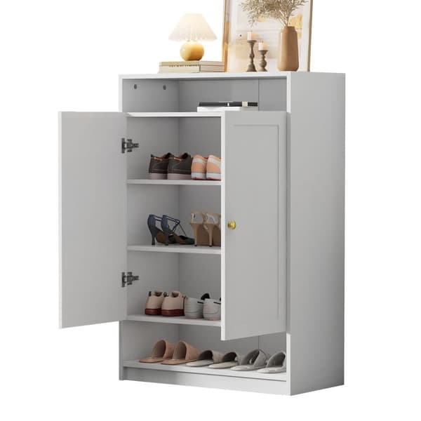 Skoskåp 73x34x109 cm - med 2 dörrar - med 2 öppna hyllor - vit