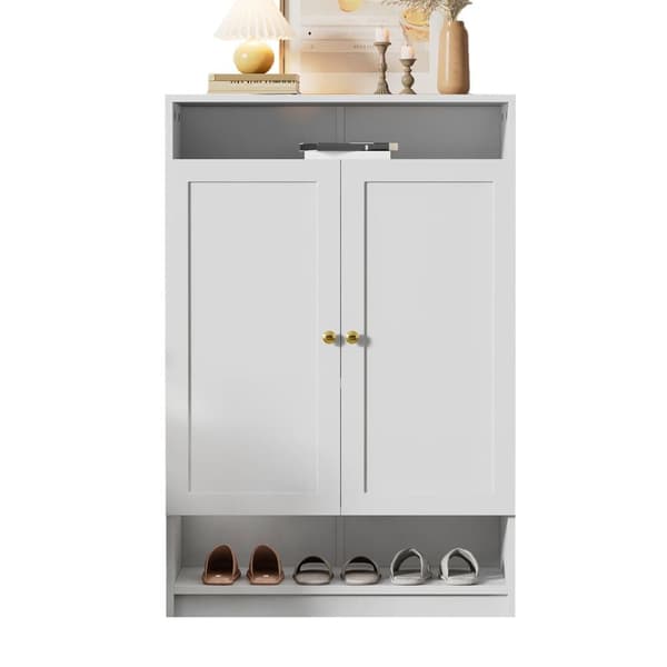 Skoskåp 73x34x109 cm - med 2 dörrar - med 2 öppna hyllor - vit
