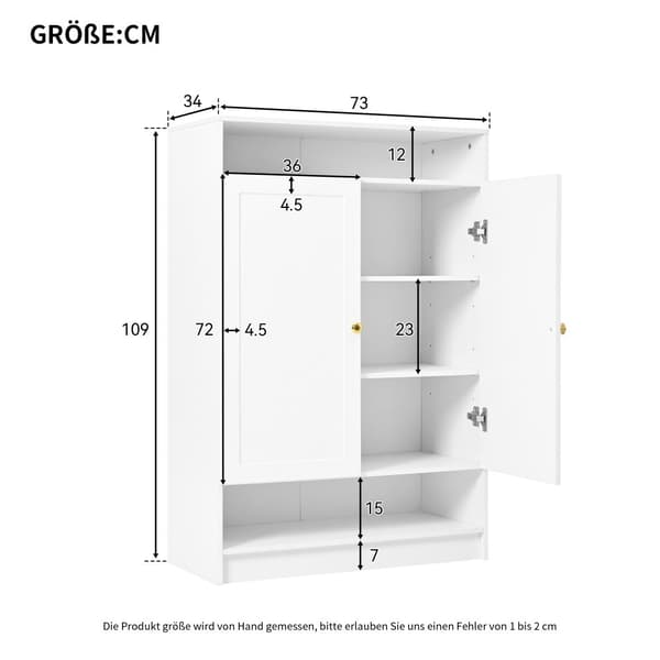 Moderne hvidt skoskab med 2 låger, justerbare hylder og guldfarvede greb – 146x34x109 cm