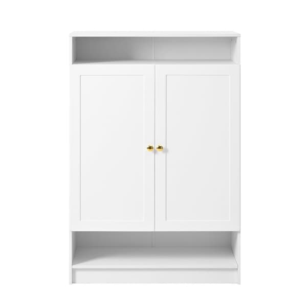 Moderne hvidt skoskab med 2 låger, justerbare hylder og guldfarvede greb – 146x34x109 cm