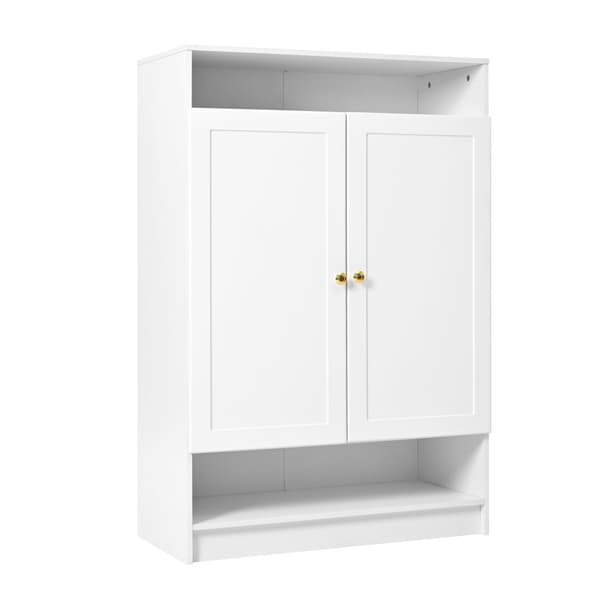 Moderne hvidt skoskab med 2 låger, justerbare hylder og guldfarvede greb – 146x34x109 cm