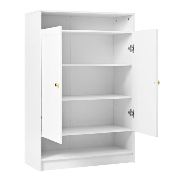Moderne hvidt skoskab med 2 låger, justerbare hylder og guldfarvede greb – 146x34x109 cm