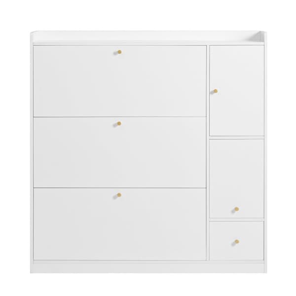 Multifunktionelt skoskab 119x24x122 cm - med 3 foldeskuffer - med foldebænk - med dør - hvid