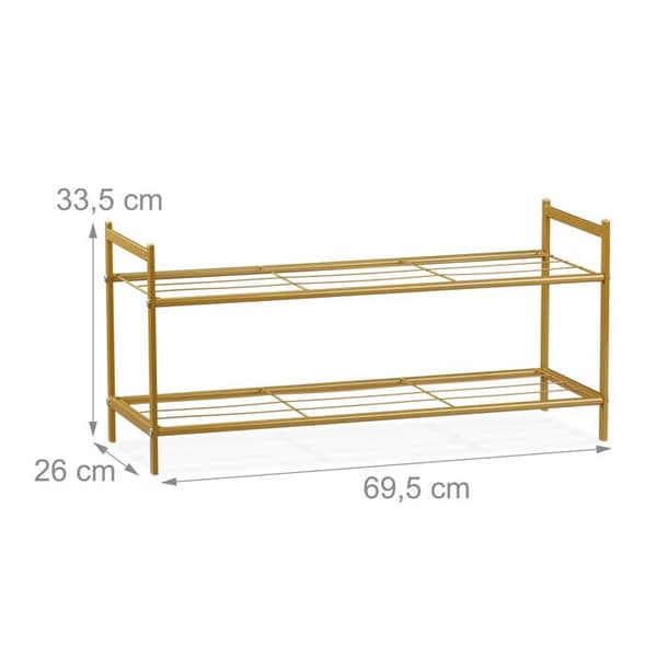 Relaxdays Skoskåp, 2 hyllor, för 6 par, metall HxBxD: 33,5 x 69,5 x 26 cm, guld