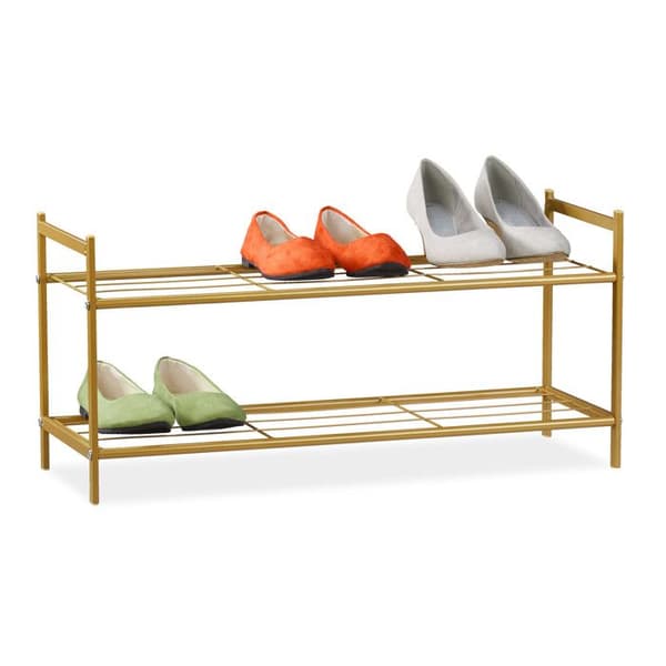 Relaxdays Skoskåp, 2 hyllor, för 6 par, metall HxBxD: 33,5 x 69,5 x 26 cm, guld
