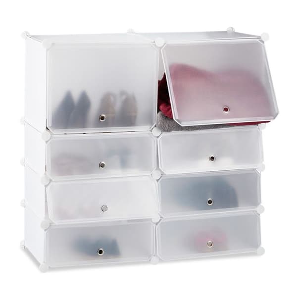 Relaxdays Skoskåpshylla i plast 8 skåp plug-in system förvaringsdörrar HxBxD: 91x94,5x36,5 cm, vit
