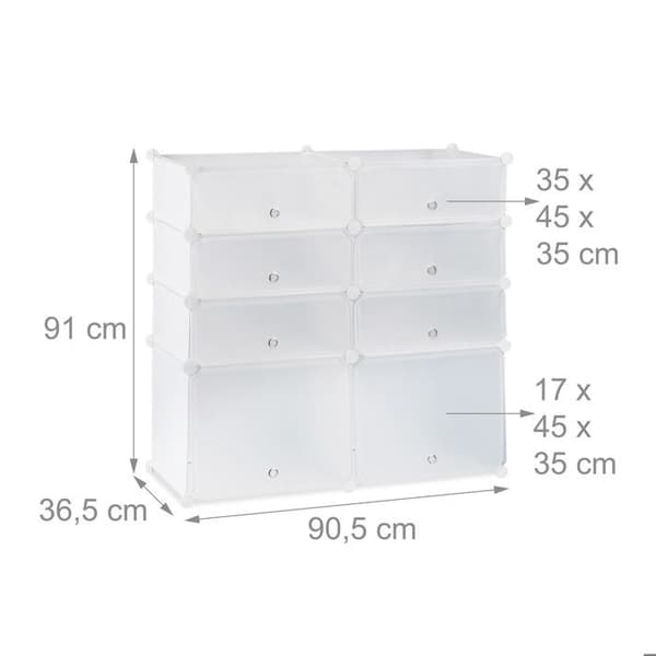 Relaxdays Skoskåpshylla i plast 8 skåp plug-in system förvaringsdörrar HxBxD: 91x94,5x36,5 cm, vit