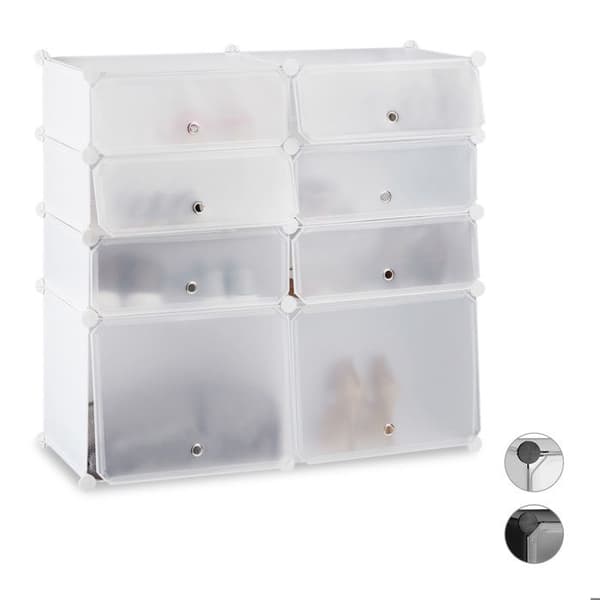 Relaxdays Skoskåpshylla i plast 8 skåp plug-in system förvaringsdörrar HxBxD: 91x94,5x36,5 cm, vit